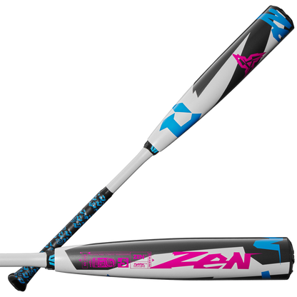 The 2025 DeMarini ZEN (-5) 2 3/4" USSSA Baseball Bat (WBD2534010) features pink and blue text and advanced Dark Matter Composite for top performance.