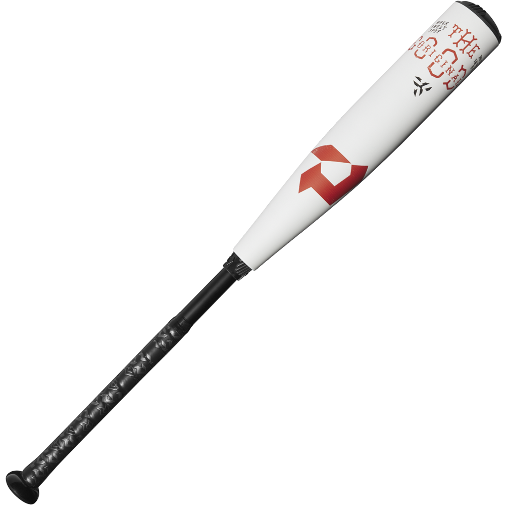 The 2025 DeMarini The Goods (-10) 2 3/4" USSSA Baseball Bat (WBD2535010) features a white hybrid design, black grip and handle, red geometric/text designs near the barrel, and an X14 alloy barrel—shown on a plain white background.