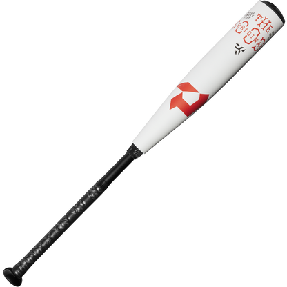 The 2025 DeMarini The Goods (-10) 2 3/4" USSSA Baseball Bat (WBD2535010) features a white hybrid design, black grip and handle, red geometric/text designs near the barrel, and an X14 alloy barrel—shown on a plain white background.