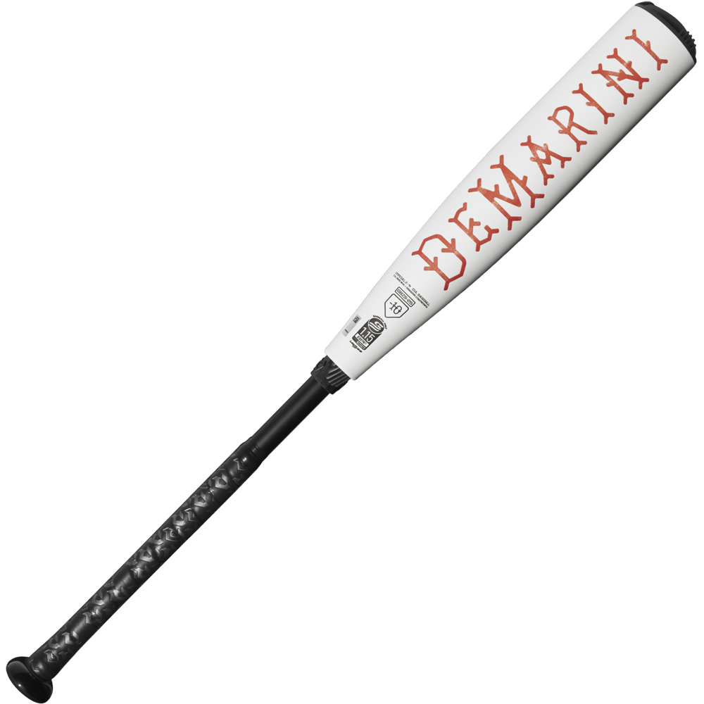 The 2025 DeMarini The Goods (-10) USSSA Baseball Bat features a white and black design, large red DeMarini branding on the X14 alloy barrel, and a black handle with a textured grip.