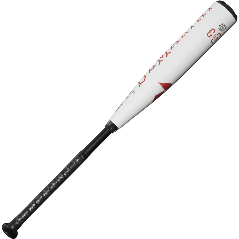 The 2025 DeMarini The Goods (-10) 2 3/4" USSSA Baseball Bat (WBD2535010) features a white X14 alloy barrel, red stitching design, black grip handle, and is displayed on a plain light background.