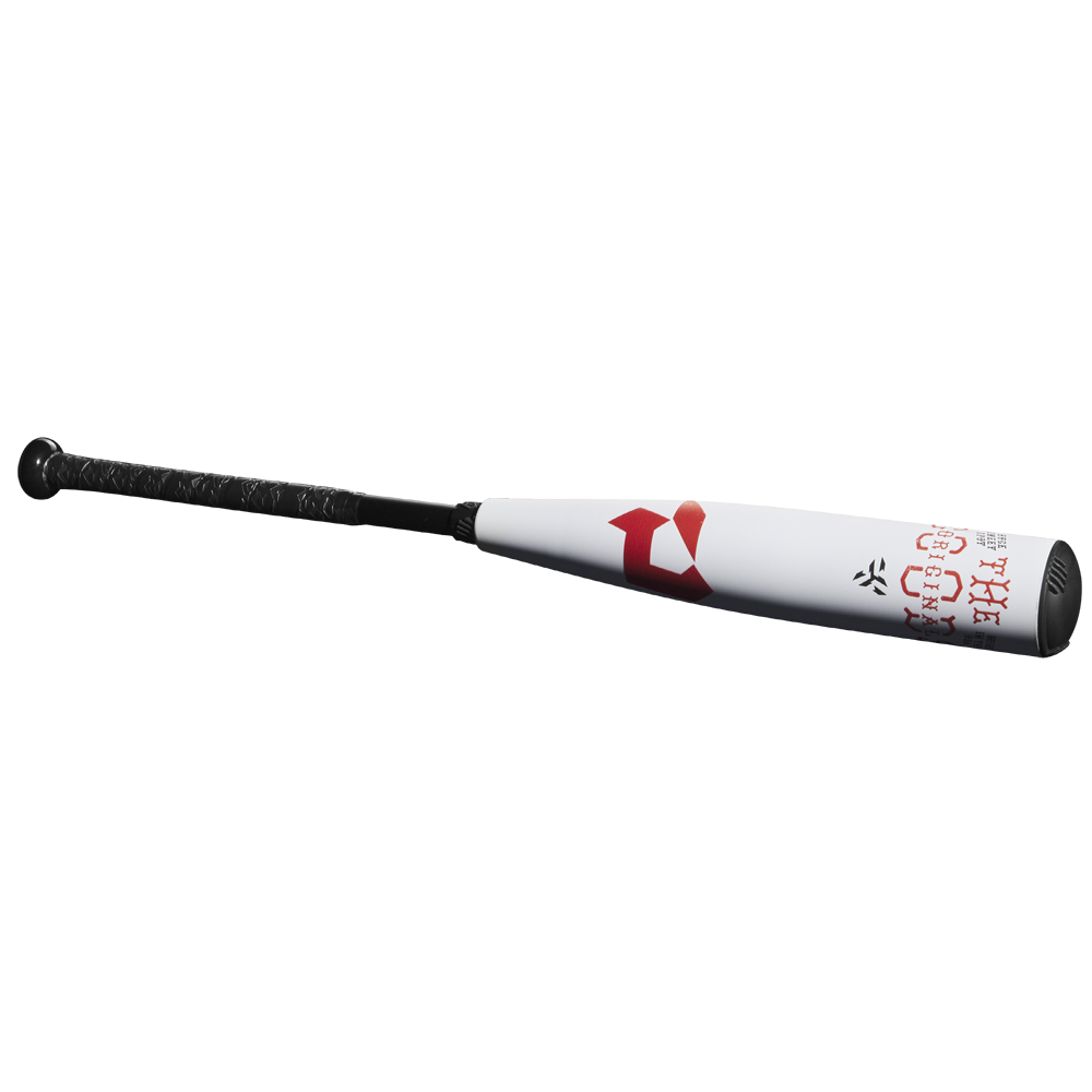 The 2025 DeMarini The Goods (-10) 2 3/4" USSSA Baseball Bat: WBD2535010 features a white and black design with a red graphic, textured black grip, X14 alloy barrel, and is displayed against a plain white background.