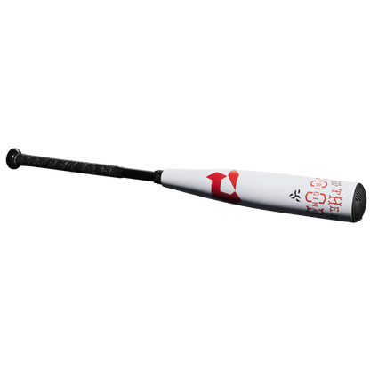 The 2025 DeMarini The Goods (-10) 2 3/4" USSSA Baseball Bat: WBD2535010 features a white and black design with a red graphic, textured black grip, X14 alloy barrel, and is displayed against a plain white background.