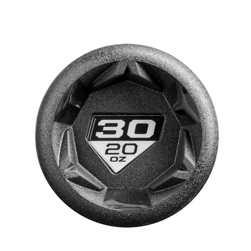 Top view of a round, black DeMarini 2025 The Goods (-10) USSSA bat end cap with a silver edge, resembling an X14 alloy barrel design, featuring a white center label displaying 30 in bold above 20 oz.