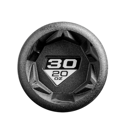 Top view of a round, black DeMarini 2025 The Goods (-10) USSSA bat end cap with a silver edge, resembling an X14 alloy barrel design, featuring a white center label displaying 30 in bold above 20 oz.