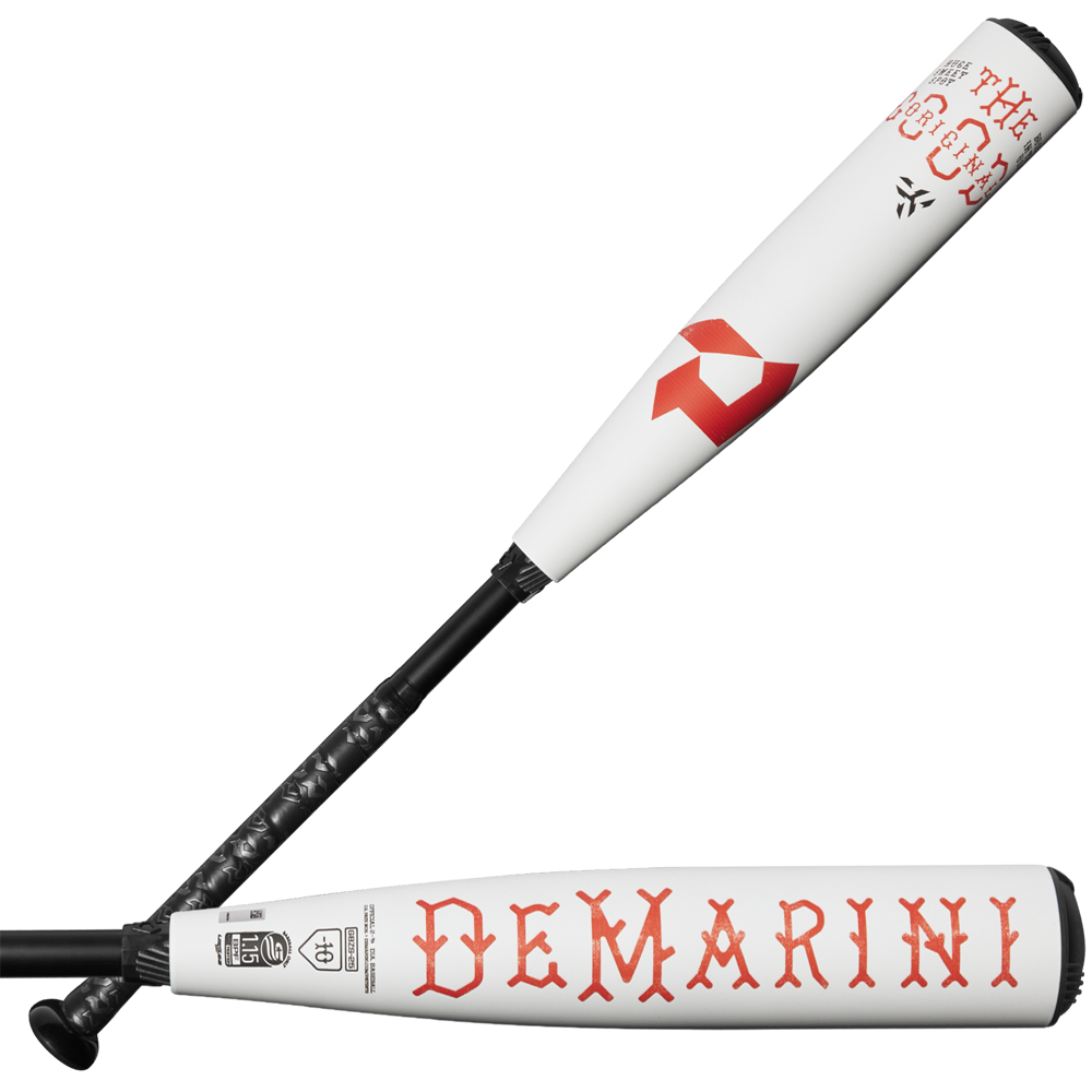 Two white 2025 DeMarini The Goods (-10) USSSA baseball bats with black handles and red, medieval-style lettering; one shows the DeMarini logo, the other features "DeMARINI," certification marks, and an X14 alloy barrel.