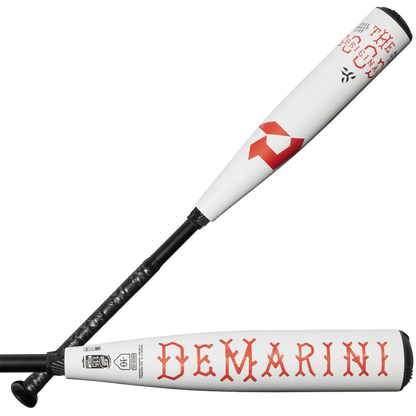 Two white 2025 DeMarini The Goods (-10) USSSA baseball bats with black handles and red, medieval-style lettering; one shows the DeMarini logo, the other features "DeMARINI," certification marks, and an X14 alloy barrel.