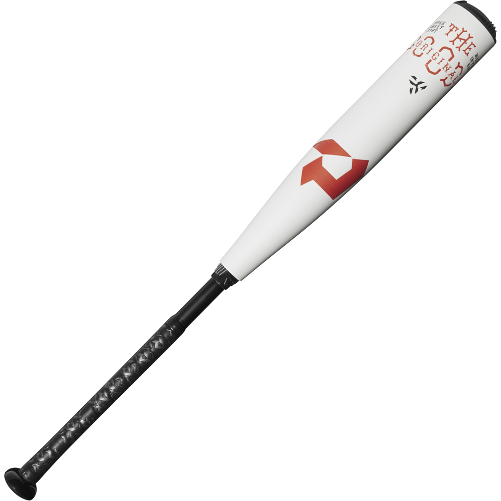 The 2025 DeMarini The Goods (-8) 2 3/4" USSSA Baseball Bat (WBD2536010) features a white X14 Alloy Barrel, black handle, red and black geometric logo, and red text near the barrel on a plain white background.