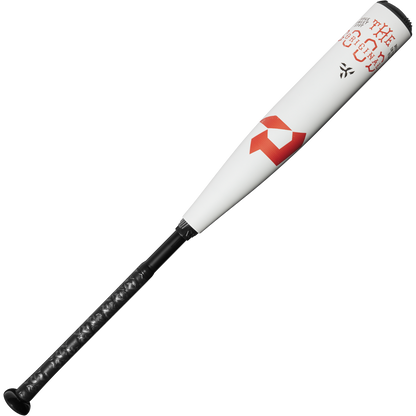 The 2025 DeMarini The Goods (-8) 2 3/4" USSSA Baseball Bat (WBD2536010) features a white X14 Alloy Barrel, black handle, red and black geometric logo, and red text near the barrel on a plain white background.