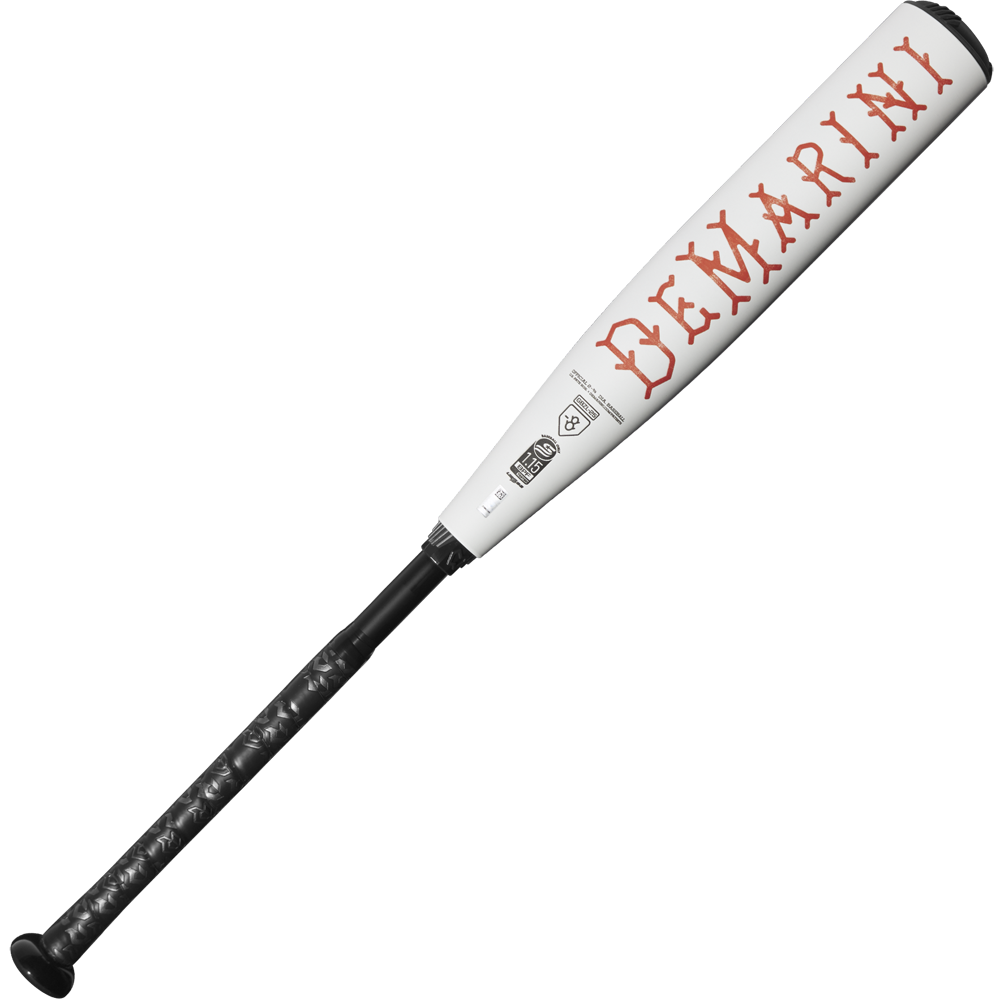 The 2025 DeMarini The Goods (-8) 2 3/4" USSSA Baseball Bat (WBD2536010) features a white X14 Alloy Barrel, black handle, and large red DEMARINI branding.