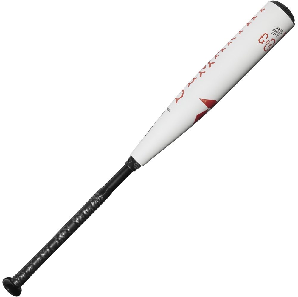 The 2025 DeMarini The Goods (-8) 2 3/4" USSSA Baseball Bat (WBD2536010), in white and black with red accents and a black grip, is displayed diagonally on a plain white background.