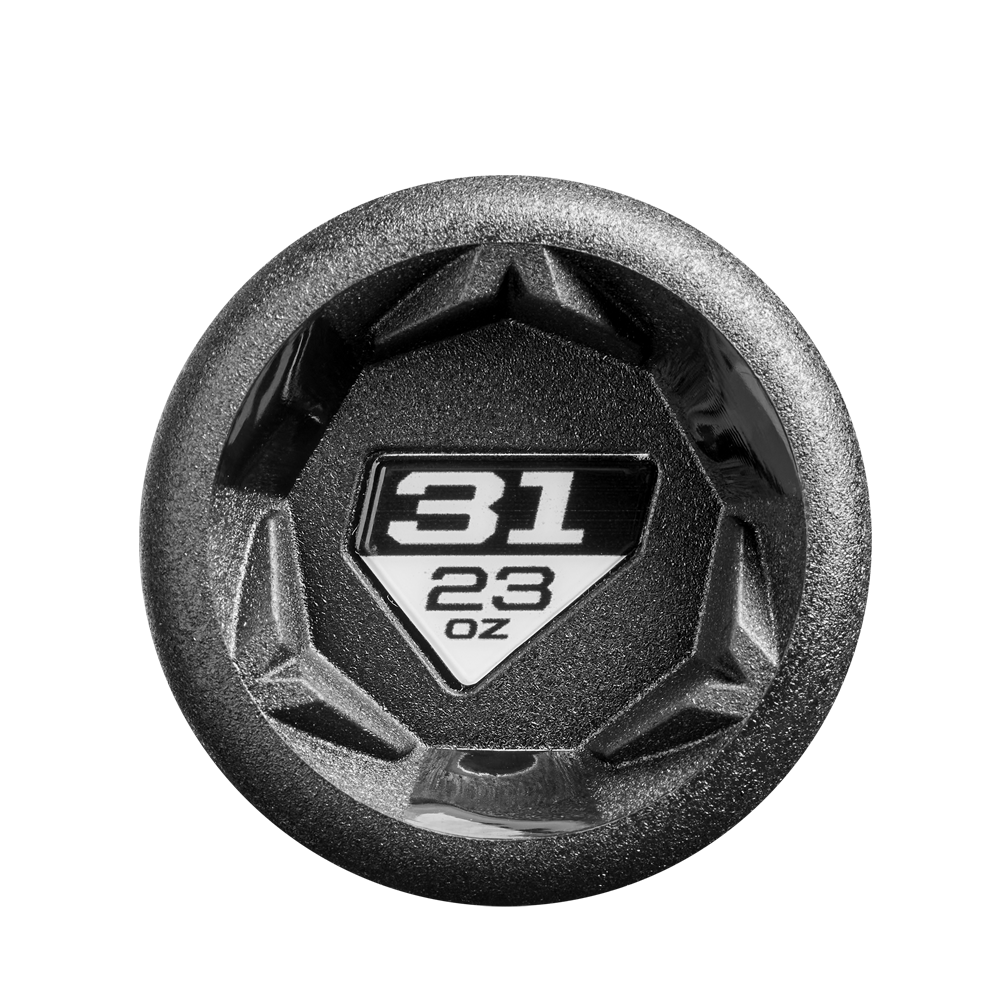 A close-up of the end of a black 31-pound (23-ounce) hex dumbbell shows bold white weight markings, reminiscent of the crisp labeling on a DeMarini The Goods (-8) 2 3/4" USSSA Baseball Bat: WBD2536010.