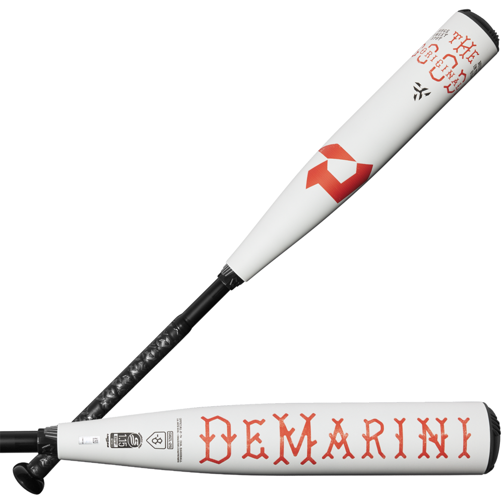 Two white 2025 DeMarini The Goods (-8) USSSA baseball bats with black handles are shown. One bat displays the red “DeMarini” logo, while the other is angled to highlight “The Goods” and its X14 Alloy Barrel.
