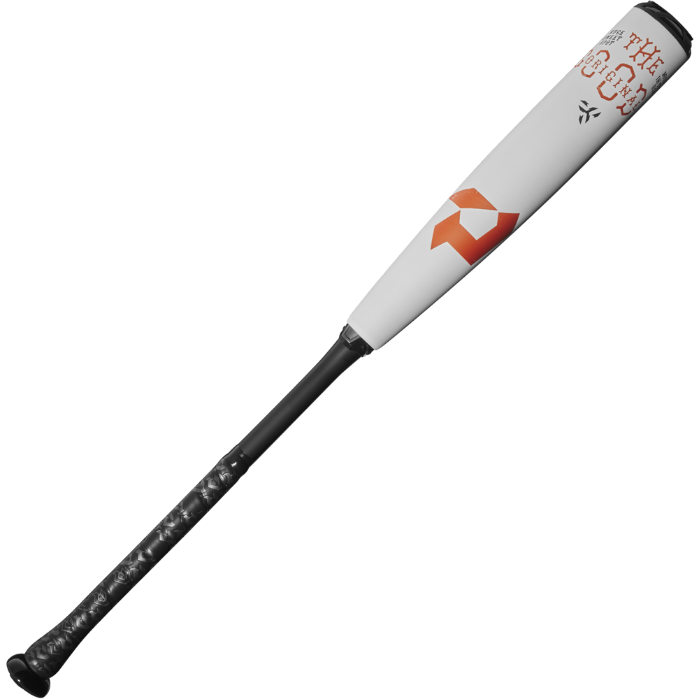 The 2025 DeMarini The Goods (-5) USSSA bat features a white and black design, black textured grip handle, orange geometric logo, and red "THE GOODS" text near the top of the X14 Alloy Barrel.