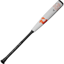 The 2025 DeMarini The Goods (-5) USSSA bat features a white and black design, black textured grip handle, orange geometric logo, and red "THE GOODS" text near the top of the X14 Alloy Barrel.