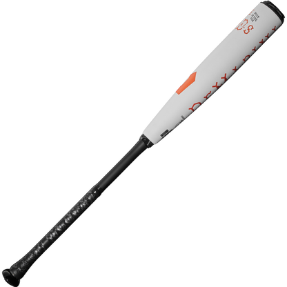 The 2025 DeMarini The Goods (-5) 2 5/8" USSSA Baseball Bat (WBD2537010) features a gray and black design with orange accents, a textured black handle, X14 Alloy Barrel for enhanced performance—all set against a plain white background.