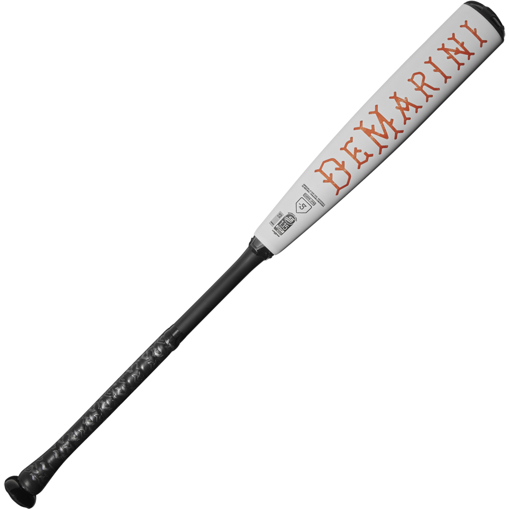 The 2025 DeMarini The Goods (-5) 2 5/8" USSSA Baseball Bat (WBD2537010) features a white and black design, X14 Alloy Barrel, textured black handle, and "DeMarini" in bold red letters along the barrel.