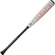 The 2025 DeMarini The Goods (-5) 2 5/8" USSSA Baseball Bat (WBD2537010) features a white and black design, X14 Alloy Barrel, textured black handle, and "DeMarini" in bold red letters along the barrel.
