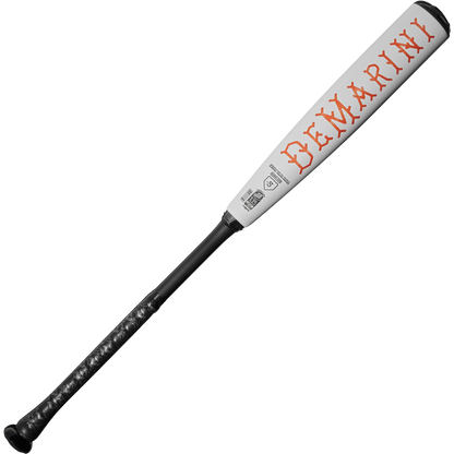 The 2025 DeMarini The Goods (-5) 2 5/8" USSSA Baseball Bat (WBD2537010) features a white and black design, X14 Alloy Barrel, textured black handle, and "DeMarini" in bold red letters along the barrel.