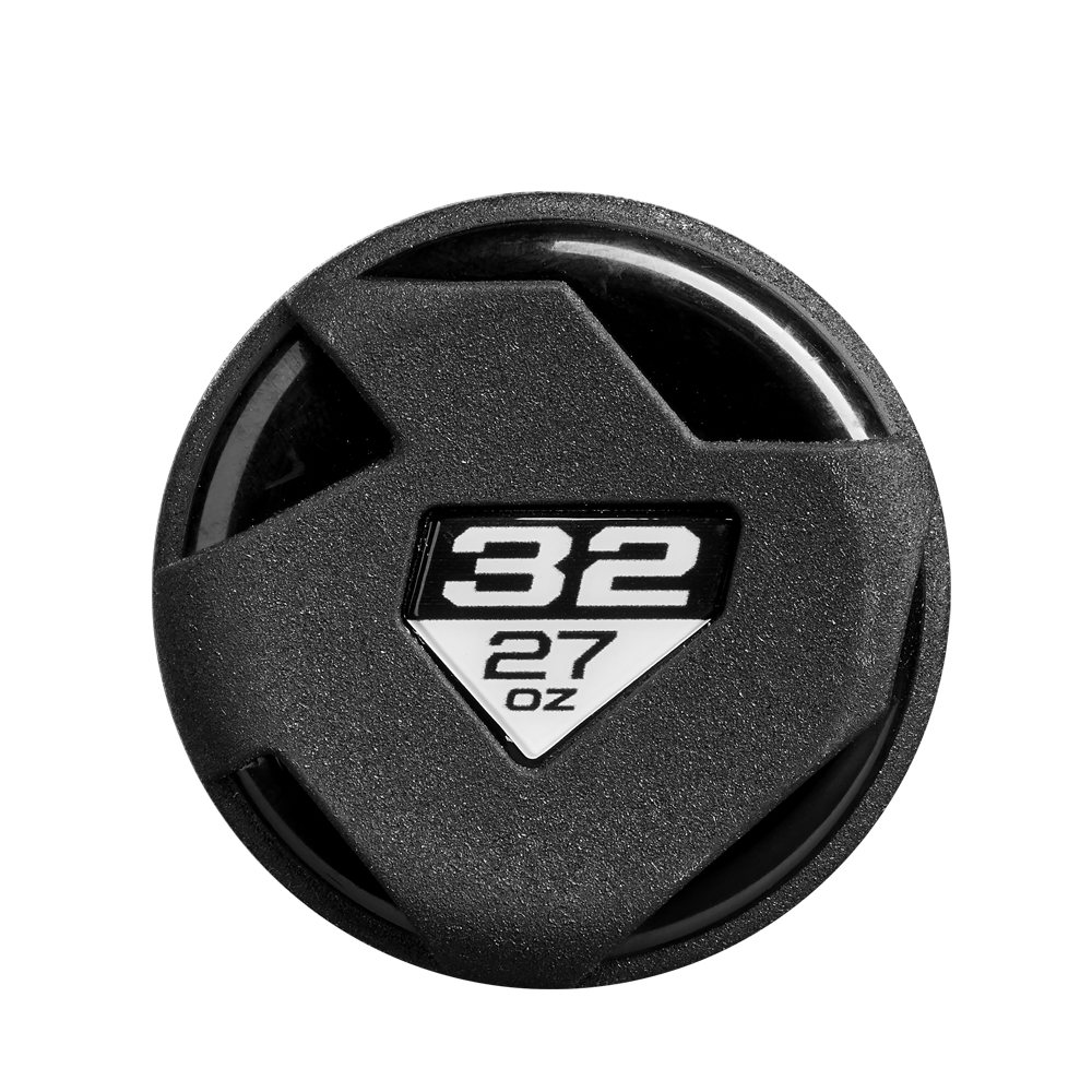 A black plastic lid with geometric cutouts features a white label reading 32 above 27 oz. on a triangular section, likely indicating the capacity of the DeMarini 2025 The Goods (-5) USSSA Baseball Bat: WBD2537010.
