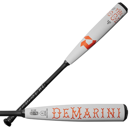 Two white DeMarini The Goods (-5) USSSA baseball bats with black handles—one has bold red DEMARINI lettering, the other features an orange logo and THE GOODS near the X14 Alloy Barrel—ideal for competitive play.