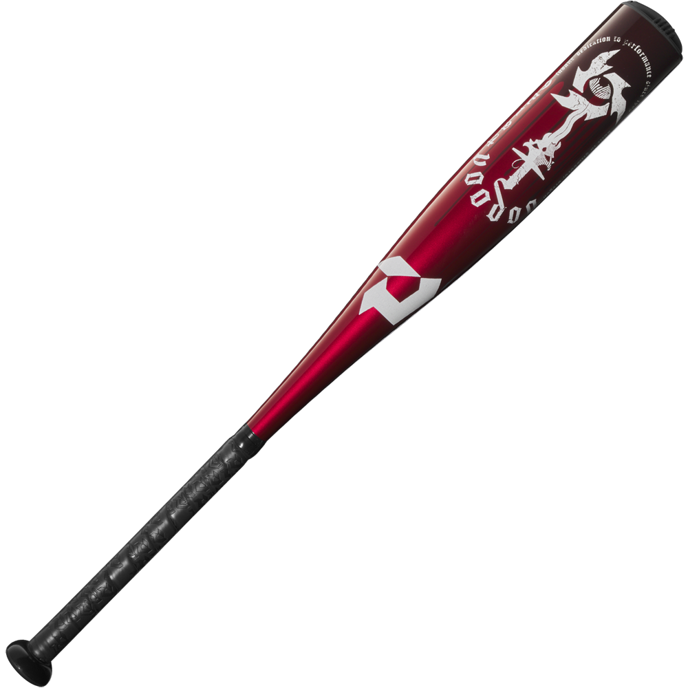 A 2025 DeMarini Voodoo One (-10) 2 3/4" USSSA Baseball Bat (WBD2538010 DEMO) by DeMarini, in red and black with a black grip and white graphics on its X14 Alloy Barrel, displayed on a white background.
