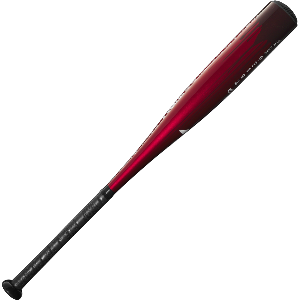 The 2025 DeMarini Voodoo One (-10) 2 3/4" USSSA Baseball Bat (WBD2538010 DEMO) by DeMarini is shown in red and black with a black grip handle and durable X14 Alloy Barrel against a plain white background.