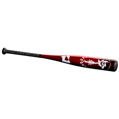 A metallic red 2025 DeMarini Voodoo One (-10) 2 3/4" USSSA Baseball Bat (WBD2538010 DEMO) features a black grip and white graphics on the X14 Alloy Barrel, by DeMarini, displayed on a plain white background.