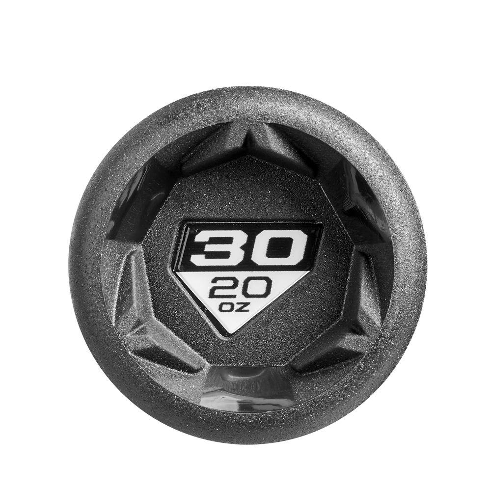 A top-down view of a black dumbbell end showcasing "30" in bold white and "20 oz" beneath, surrounded by a hexagonal pattern that echoes the X14 Alloy Barrel on the 2025 DeMarini Voodoo One (-10) USSSA Baseball Bat: WBD2538010.