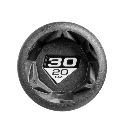 A top-down view of a black dumbbell end showcasing "30" in bold white and "20 oz" beneath, surrounded by a hexagonal pattern that echoes the X14 Alloy Barrel on the 2025 DeMarini Voodoo One (-10) USSSA Baseball Bat: WBD2538010.