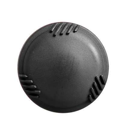 A round, black plastic item with a smooth center and three sets of raised ridges near the edge, resembling the grip on a 2025 DeMarini Voodoo One (-10) USSSA Baseball Bat (WBD2538010), is displayed against a plain white background.