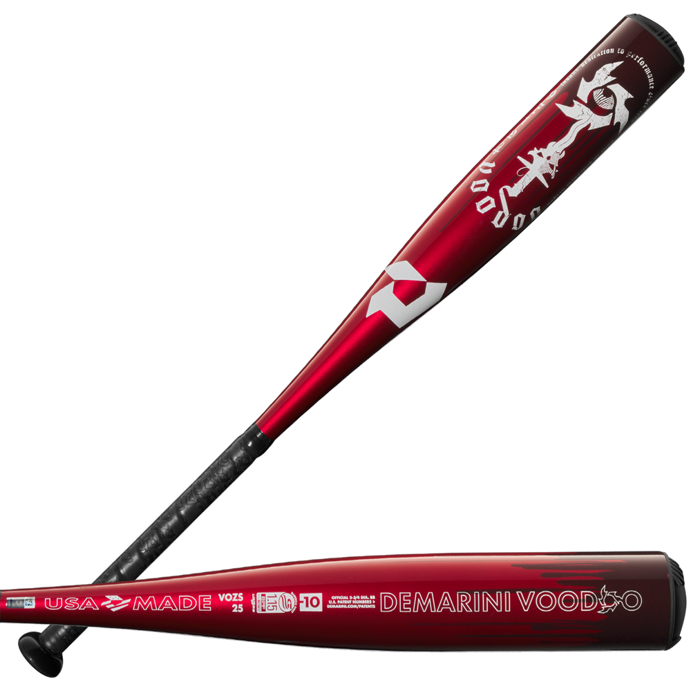 Two views of the 2025 DeMarini Voodoo One (-10) 2 3/4" USSSA Baseball Bat: WBD2538010 (DEMO) in red and black, featuring white branding, dragon graphics, and USA MADE text on the barrel. Shown from diagonal and side angles.