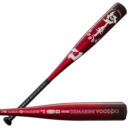Two views of the 2025 DeMarini Voodoo One (-10) 2 3/4" USSSA Baseball Bat: WBD2538010 (DEMO) in red and black, featuring white branding, dragon graphics, and USA MADE text on the barrel. Shown from diagonal and side angles.