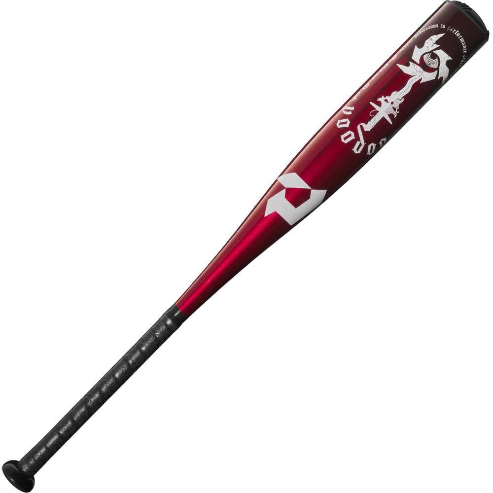 The 2025 DeMarini Voodoo One (-8) 2 3/4" USSSA Baseball Bat (WBD2539010 DEMO) features a red and black design with white graphics on the X14 Alloy Barrel and a textured black grip handle, displayed on a white background.