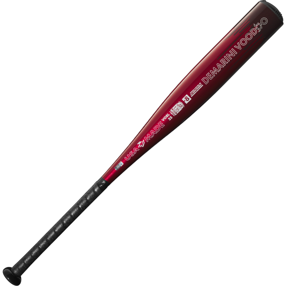 The 2025 DeMarini Voodoo One (-8) 2 3/4" USSSA Baseball Bat (WBD2539010 DEMO) features a black and red design with an X14 Alloy Barrel.