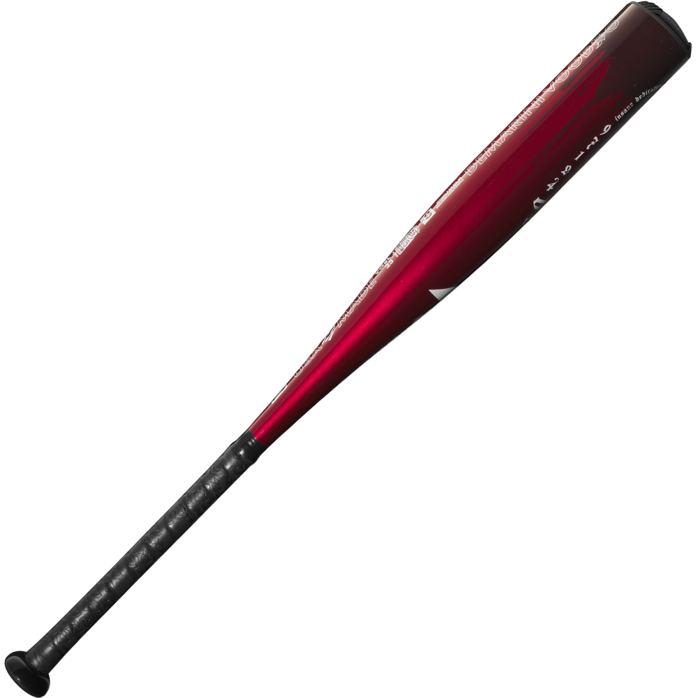A 2025 DeMarini Voodoo One (-8) 2 3/4" USSSA Baseball Bat (WBD2539010, DEMO) in red and black with a black grip and X14 Alloy Barrel, shown on a white background.