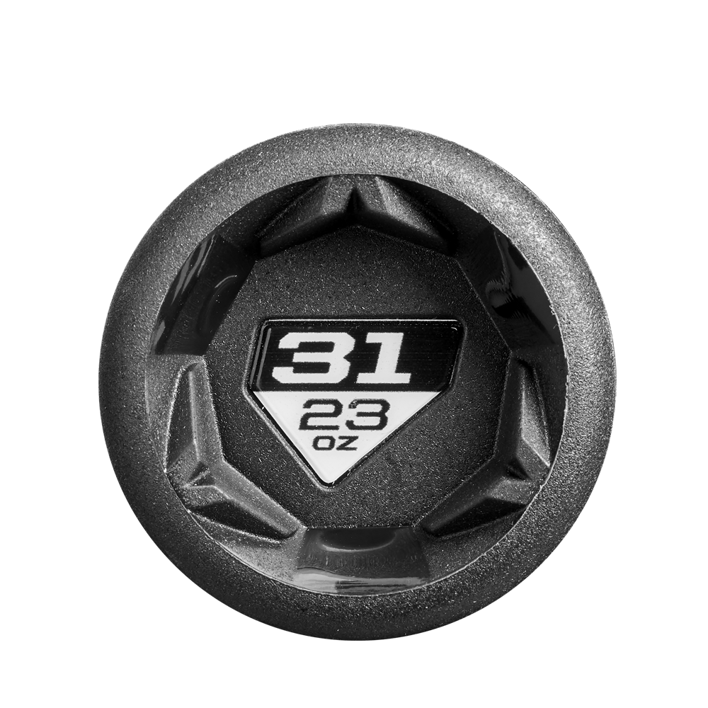 A black hexagonal dumbbell end cap with a white label showing 31 in large numbers above 23 oz in smaller text, evoking the precision of the DeMarini Voodoo One (-8) 2 3/4" USSSA Baseball Bat (WBD2539010 DEMO), set on a plain white background.
