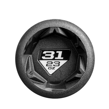 A black hexagonal dumbbell end cap with a white label showing 31 in large numbers above 23 oz in smaller text, evoking the precision of the DeMarini Voodoo One (-8) 2 3/4" USSSA Baseball Bat (WBD2539010 DEMO), set on a plain white background.