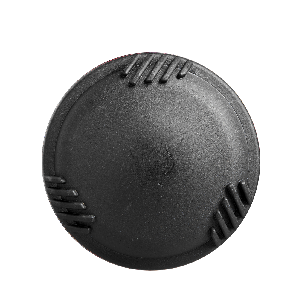 A black, round plastic camera lens cap with textured grip edges sits against a white background, echoing the refined precision of the 2025 DeMarini Voodoo One (-8) 2 3/4" USSSA Baseball Bat: WBD2539010 (DEMO) by DeMarini.