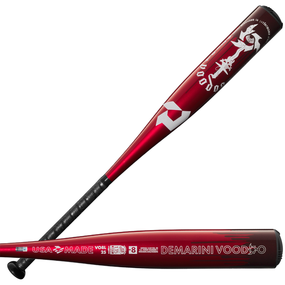 Two DeMarini 2025 Voodoo One (-8) 2 3/4" USSSA baseball bats, one side view showing the logo and text, the other angled to highlight the X14 Alloy Barrel, grip, and barrel details. Model: WBD2539010 (DEMO).