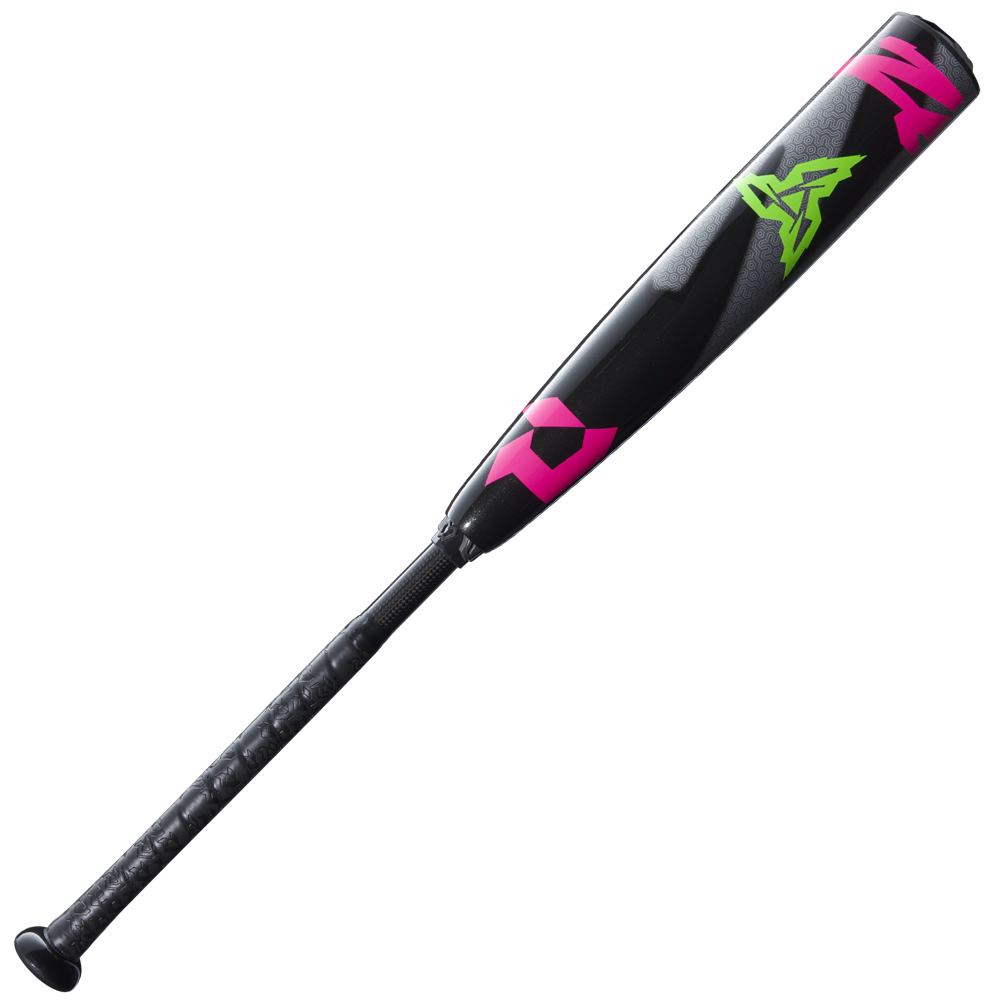 A 2025 DeMarini ZEN Limited Edition (-10) USSSA baseball bat, black with neon pink accents and a bright green angular logo near the composite barrel, featuring a textured handle and displayed on a plain white background.