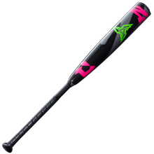 A 2025 DeMarini ZEN Limited Edition (-10) USSSA baseball bat, black with neon pink accents and a bright green angular logo near the composite barrel, featuring a textured handle and displayed on a plain white background.