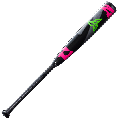 A 2025 DeMarini ZEN Limited Edition (-10) USSSA baseball bat, black with neon pink accents and a bright green angular logo near the composite barrel, featuring a textured handle and displayed on a plain white background.