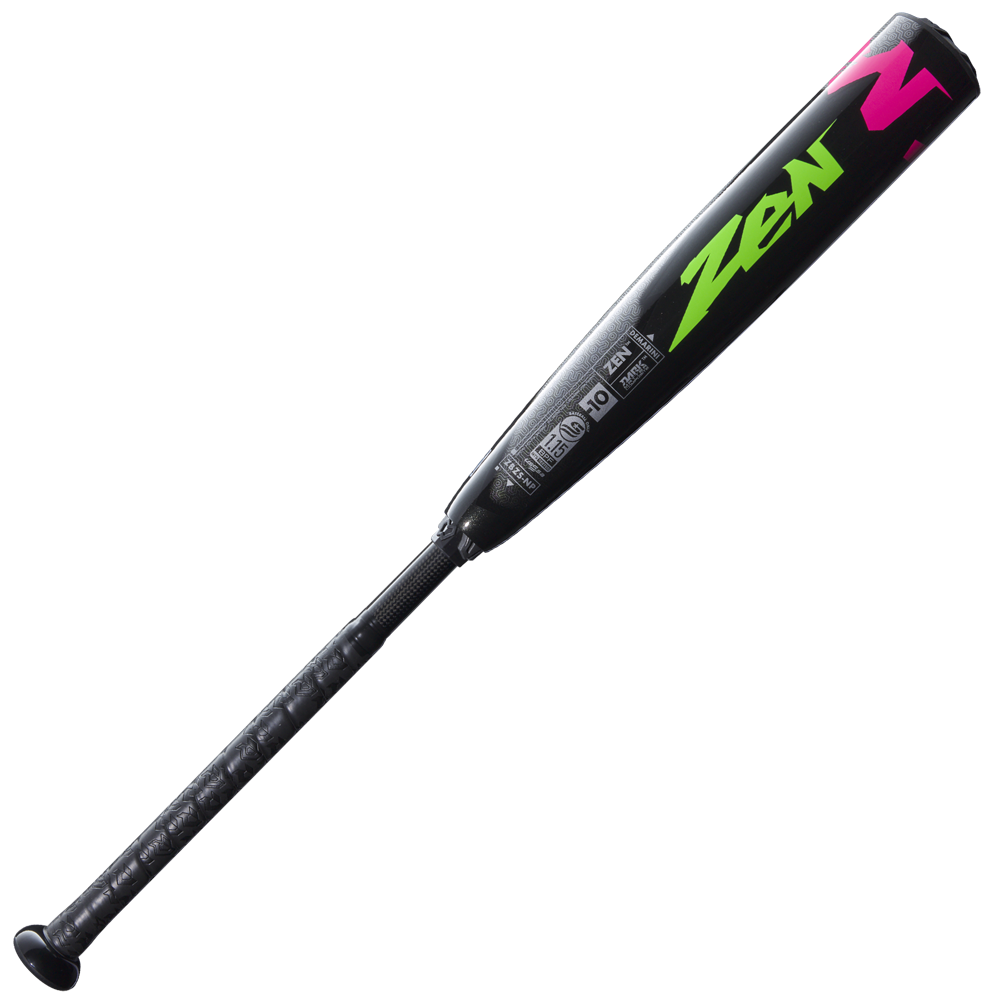 The 2025 DeMarini ZEN Limited Edition (-10) 2 3/4" USSSA Baseball Bat (WBD2541010) features a black composite barrel, neon green and pink ZEN graphics, and a textured grip. Displayed on a plain white background.
