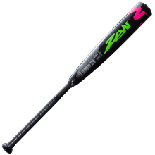 The 2025 DeMarini ZEN Limited Edition (-10) 2 3/4" USSSA Baseball Bat (WBD2541010) features a black composite barrel, neon green and pink ZEN graphics, and a textured grip. Displayed on a plain white background.
