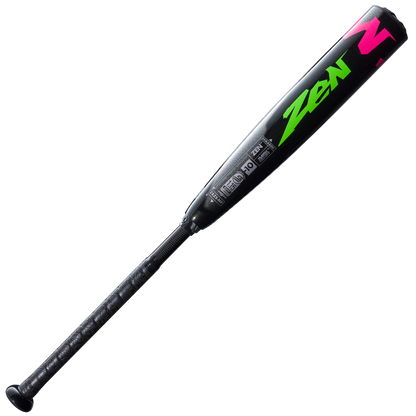 The 2025 DeMarini ZEN Limited Edition (-10) 2 3/4" USSSA Baseball Bat (WBD2541010) features a black composite barrel, neon green and pink ZEN graphics, and a textured grip. Displayed on a plain white background.