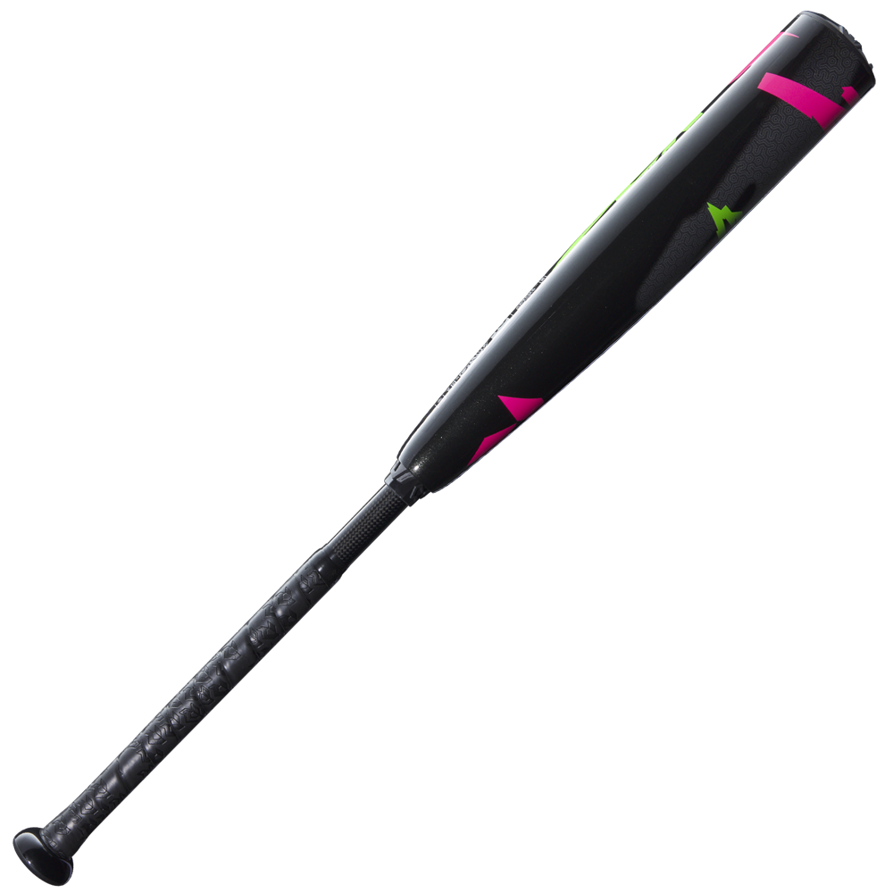 The 2025 DeMarini ZEN Limited Edition (-10) 2 3/4" USSSA Baseball Bat (WBD2541010) features a black design with neon pink and green accents, a composite barrel, and is displayed against a white background.
