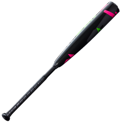 The 2025 DeMarini ZEN Limited Edition (-10) 2 3/4" USSSA Baseball Bat (WBD2541010) features a black design with neon pink and green accents, a composite barrel, and is displayed against a white background.