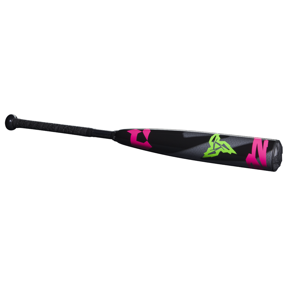 The 2025 DeMarini ZEN Limited Edition (-10) 2 3/4" USSSA Baseball Bat (WBD2541010) features a composite barrel with neon pink and green graphics and a textured grip handle, displayed against a plain white background.