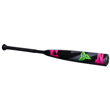 The 2025 DeMarini ZEN Limited Edition (-10) 2 3/4" USSSA Baseball Bat (WBD2541010) features a composite barrel with neon pink and green graphics and a textured grip handle, displayed against a plain white background.